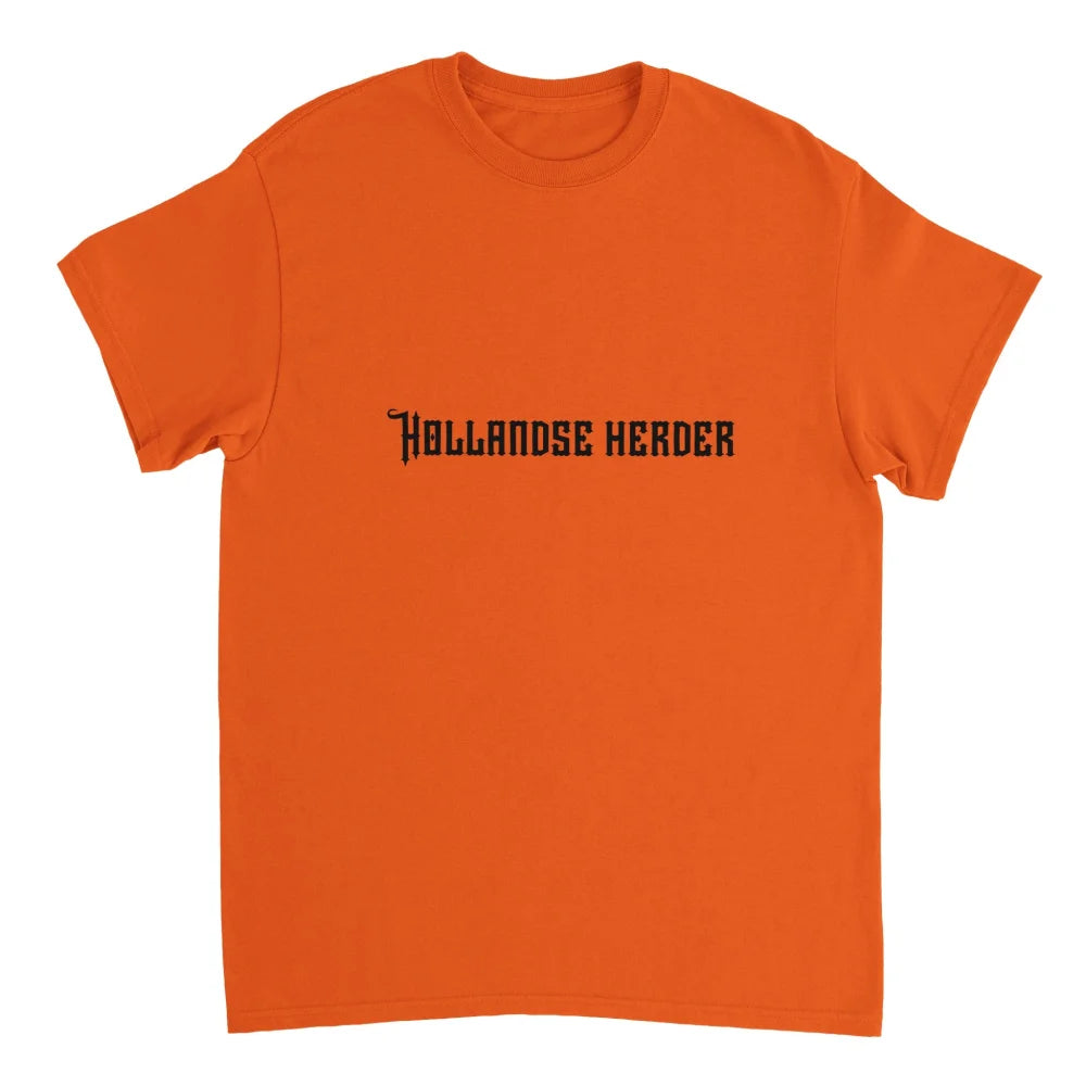 T-shirt orange vif avec le texte ’Hollandse Herder’ imprimé en noir.