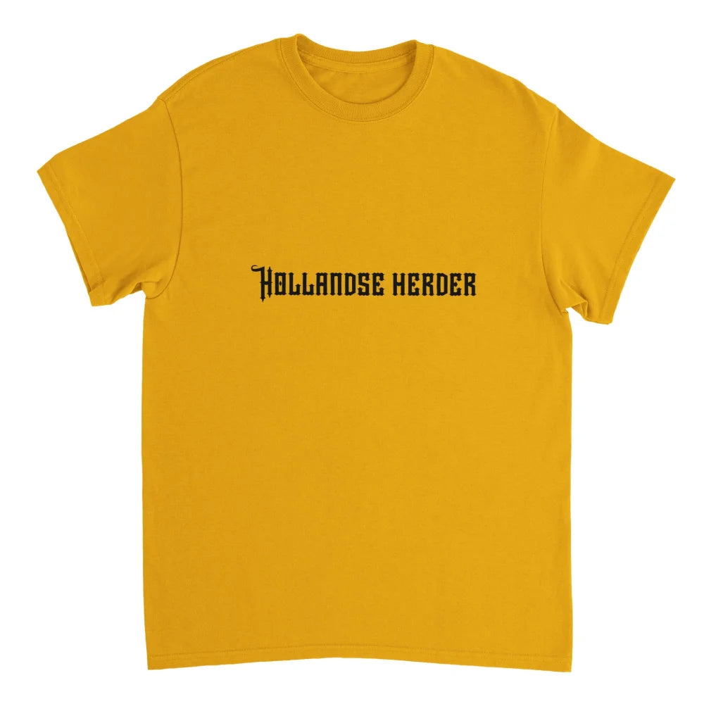 T-shirt jaune avec le texte ’Hallandse Herder’ imprimé en noir.
