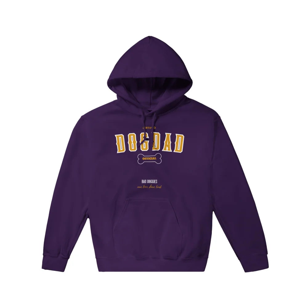 Sweat Ă capuche violet avec texte âDOGJANâ et un graphique dâos sur le devant.