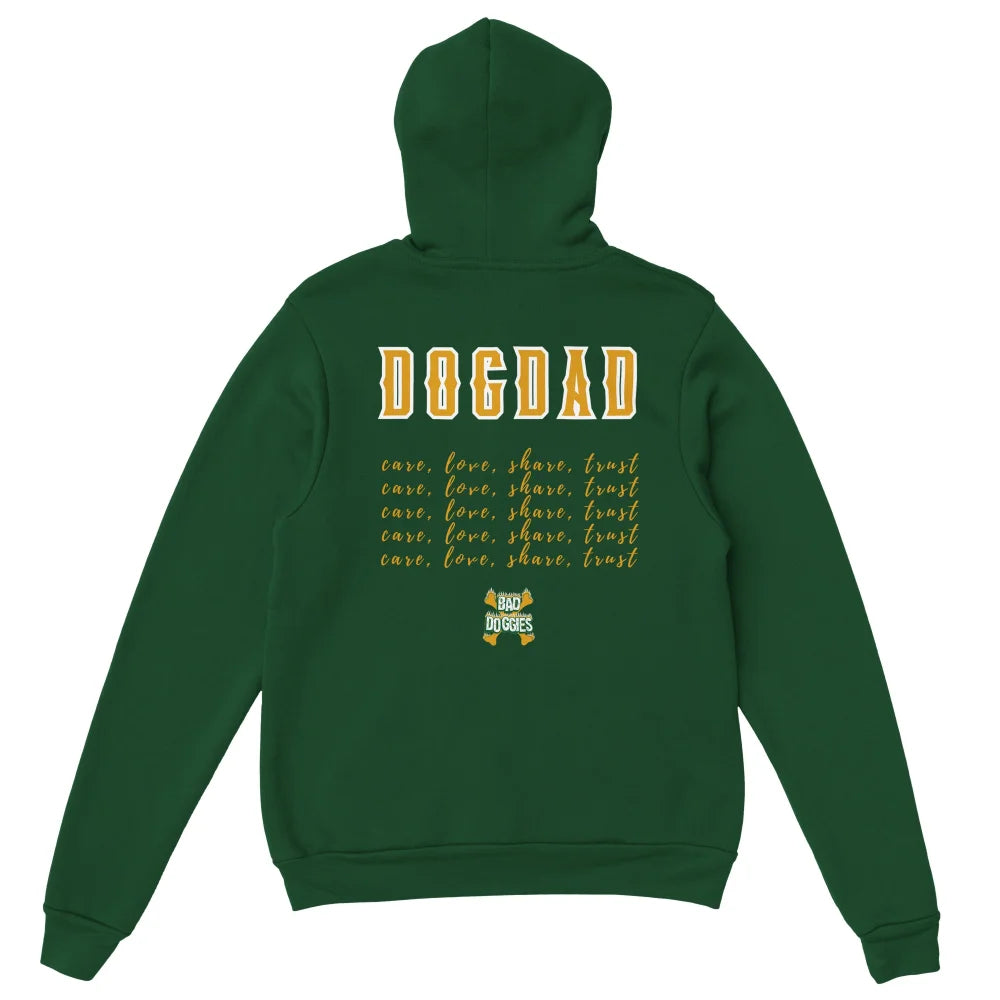 Sweat Ă capuche vert avec texte âDOG DADâ et âwoofâ rĂ©pĂ©tĂ© imprimĂ© dans le dos.
