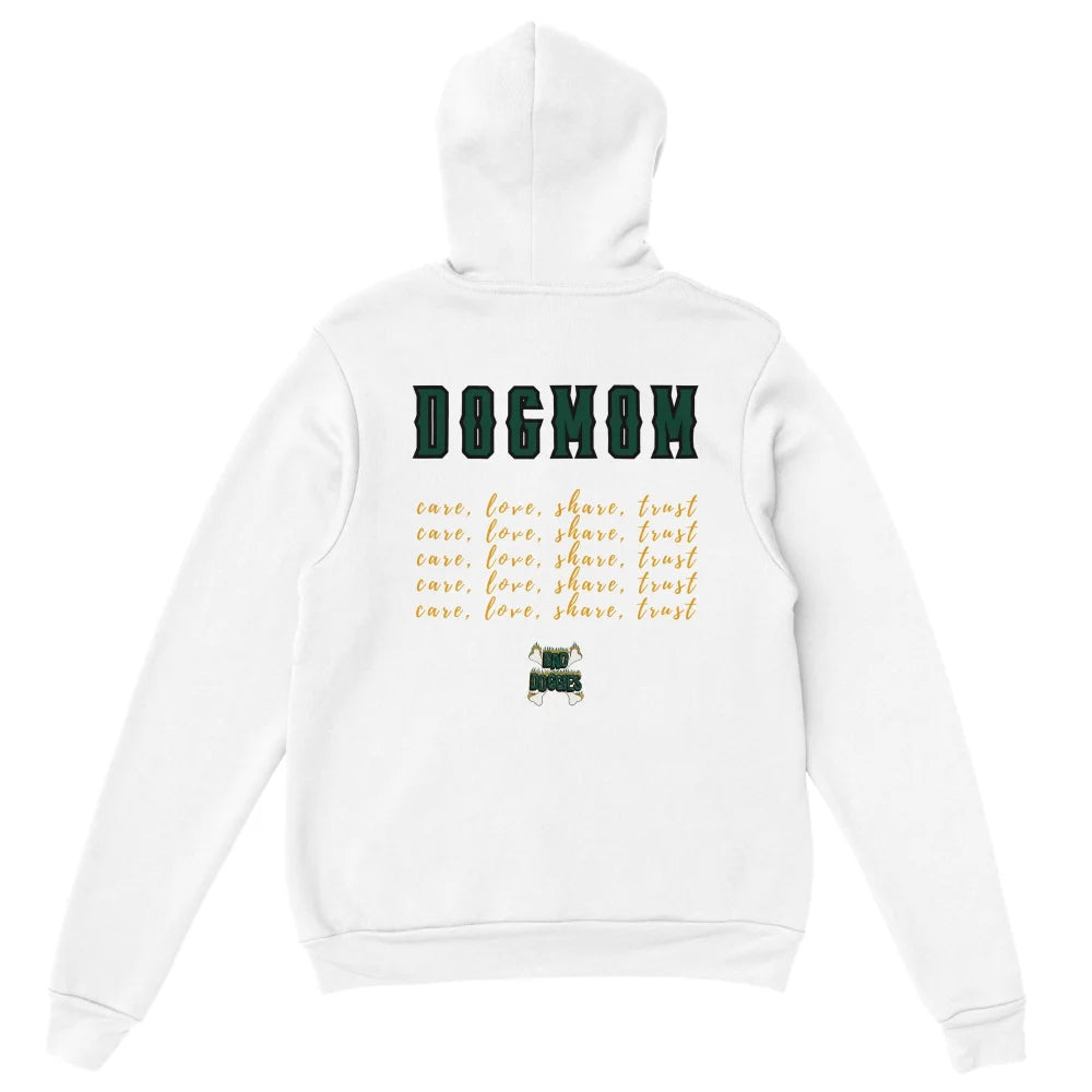 Sweat Ă capuche blanc avec texte vert et jaune dans le dos.