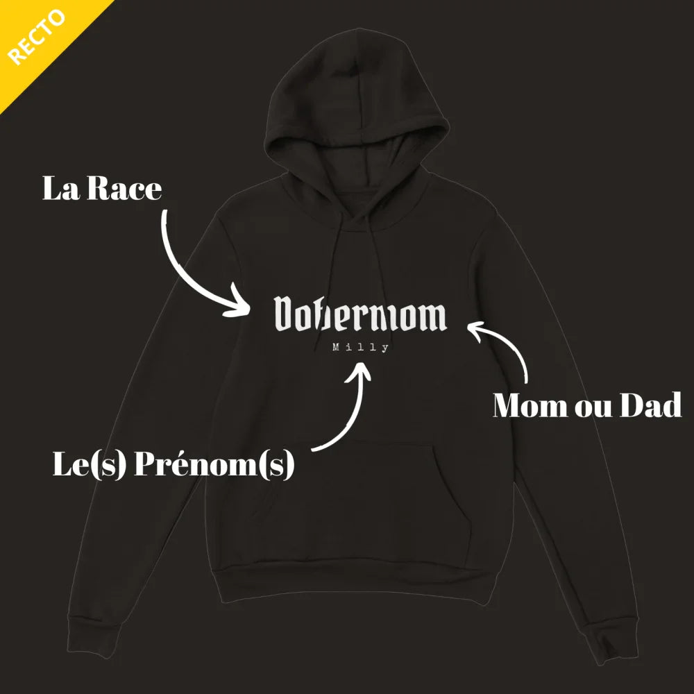 Sweat à capuche noir avec champs de texte personnalisables.