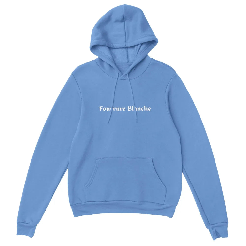 Sweat à capuche bleu clair avec texte blanc sur le devant.