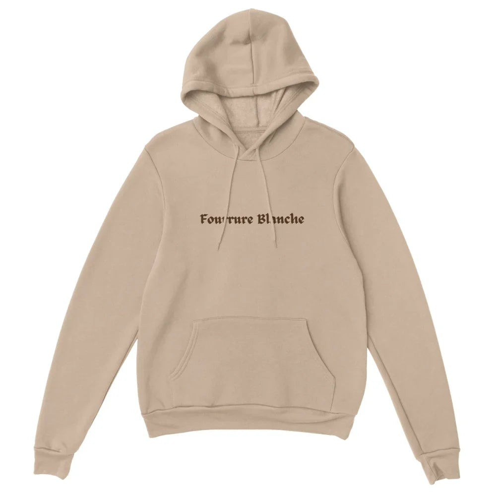 Sweat à capuche beige avec texte ’Fourrure Blanche’ imprimé sur le devant.