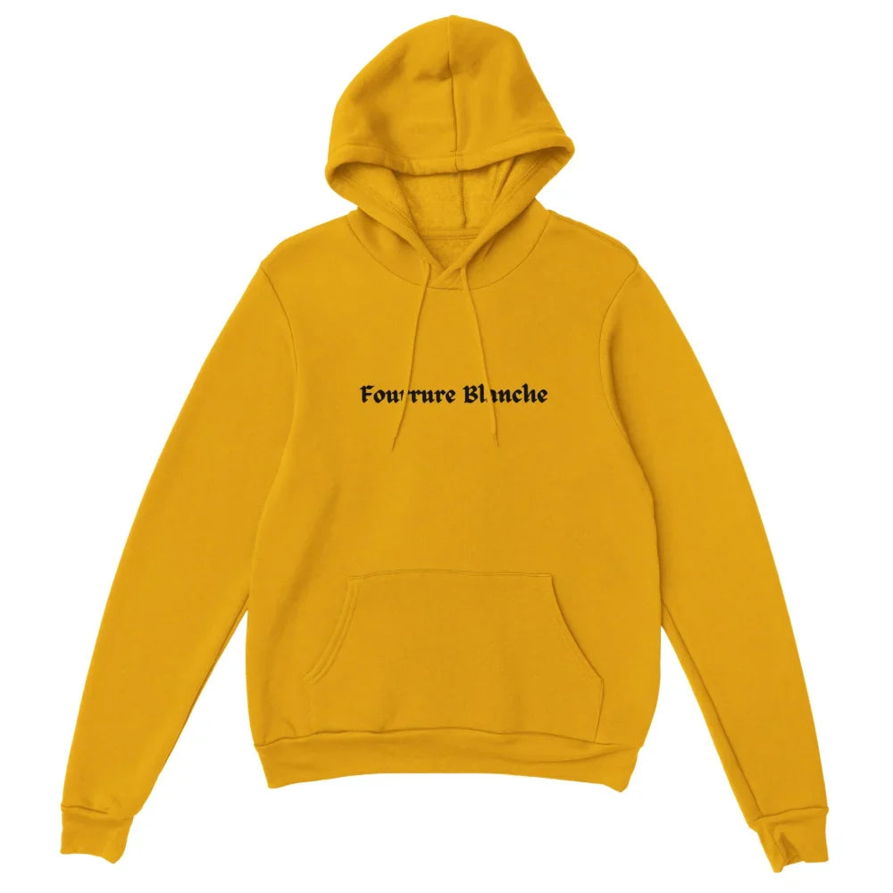 Sweat à capuche jaune avec texte noir ’Fourture Blanche’ sur le devant.