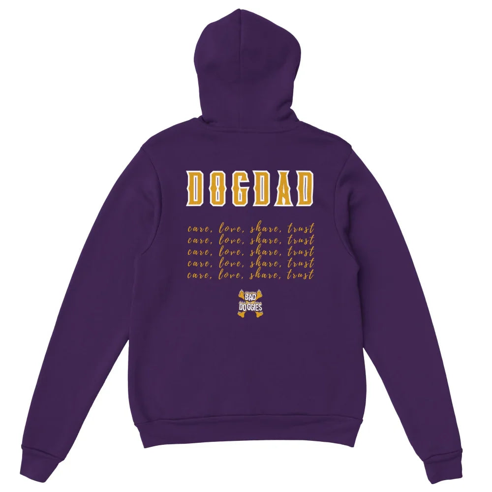 Sweat à capuche violet avec texte ’DOGDAD’ et ’woof’ répété en lettres dorées dans le dos.