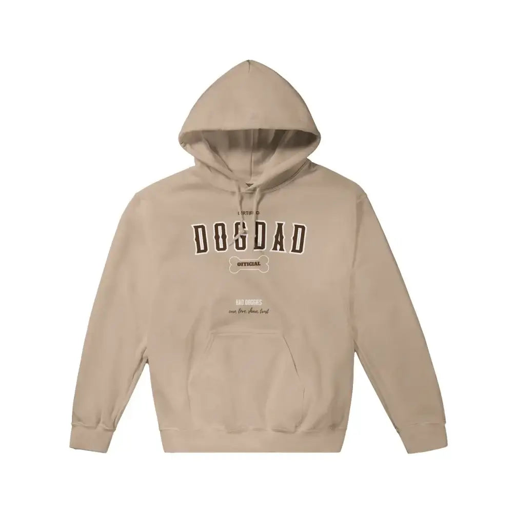 Sweat à capuche beige avec imprimé ’DOSDAD’ sur le devant.