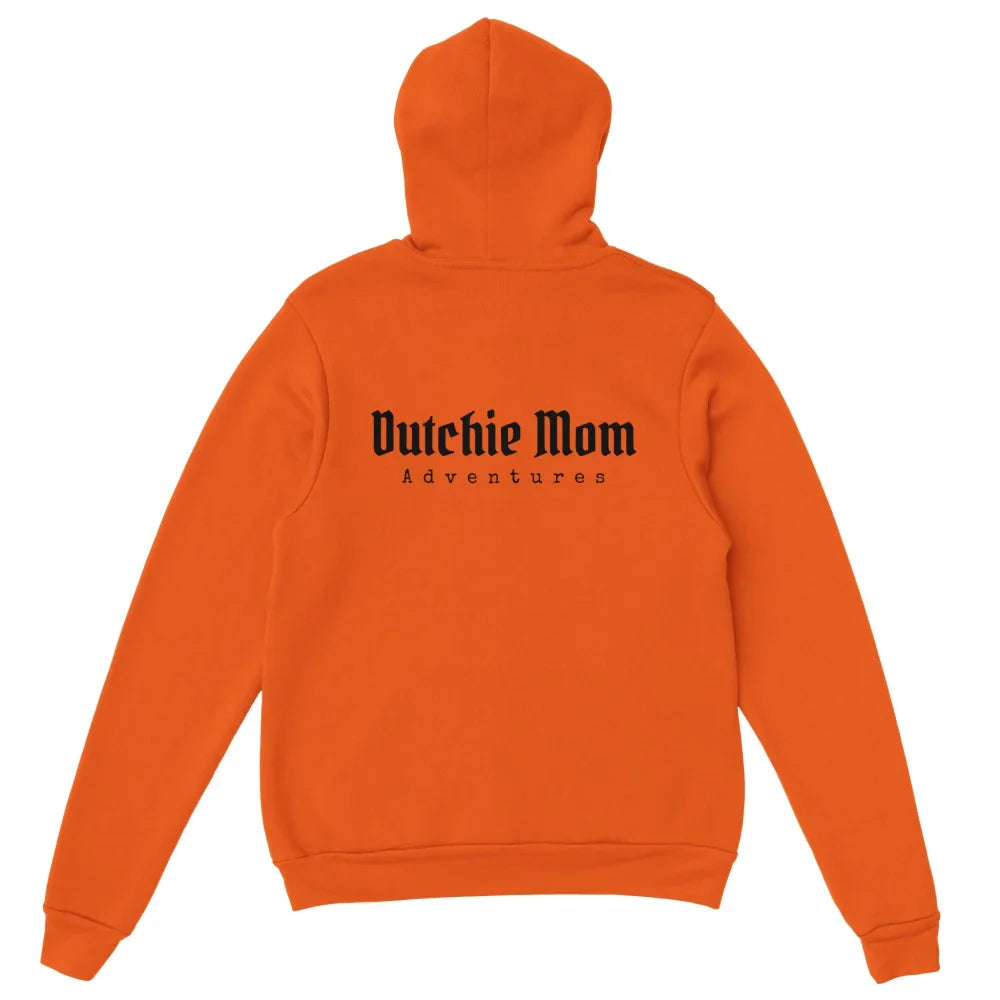 Sweat à capuche orange vif avec texte ’Dutchie Mom’ dans le dos.