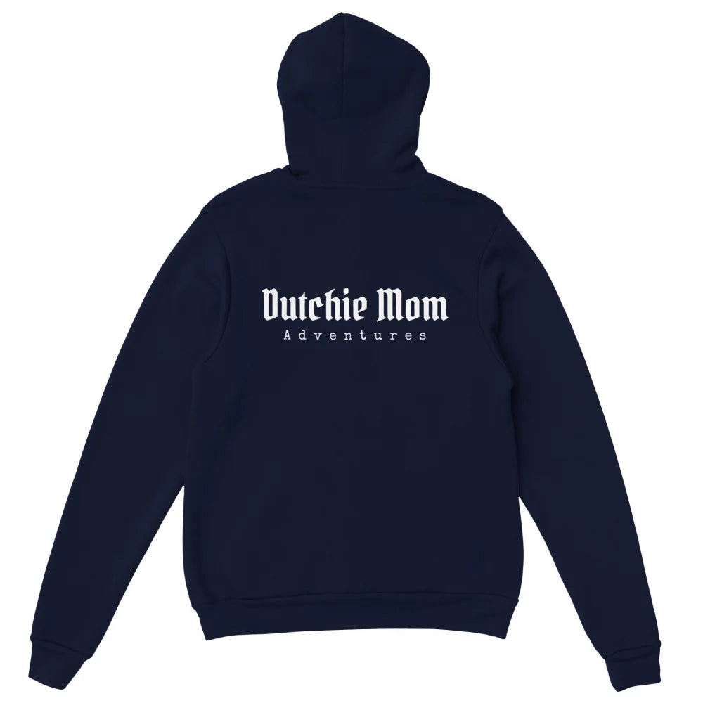 Sweat à capuche bleu marine avec ’Dutchie Mom Adventures’ imprimé dans le dos.