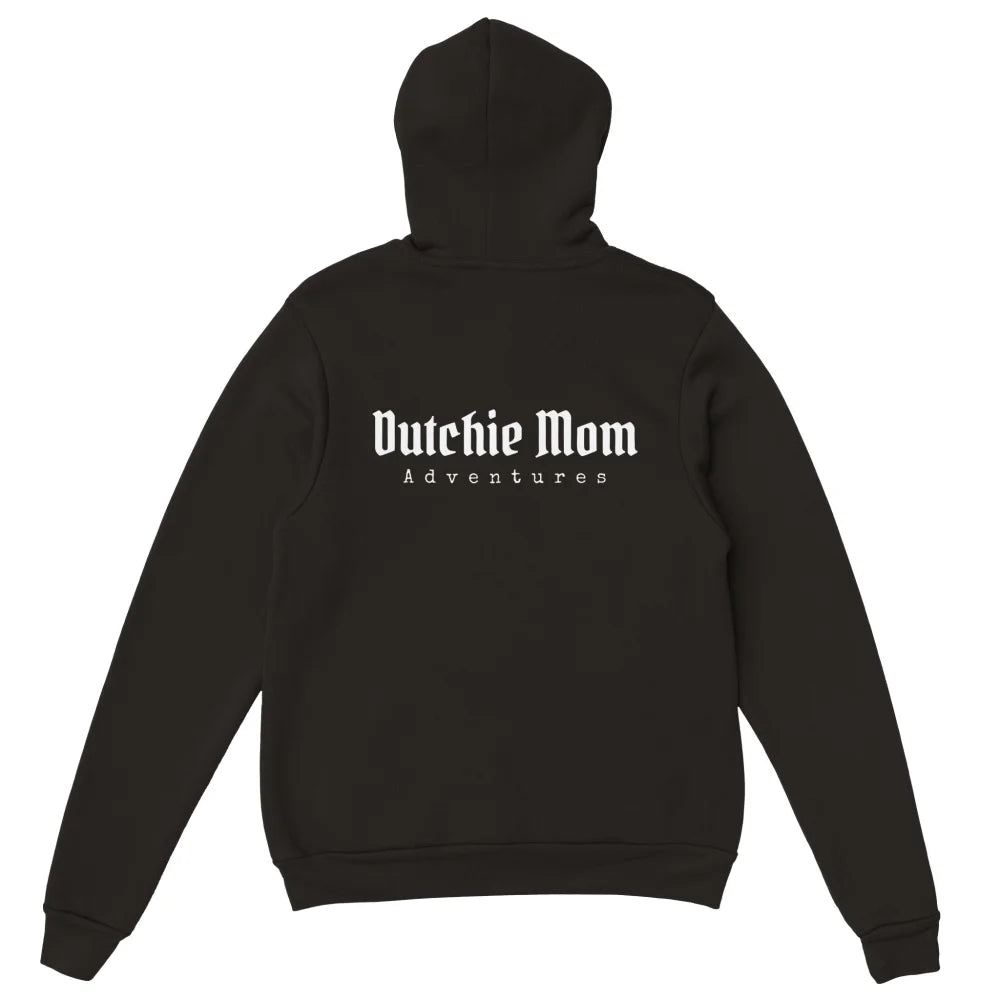 Sweat à capuche noir avec texte ’Dutchie Mom’ imprimé dans le dos.