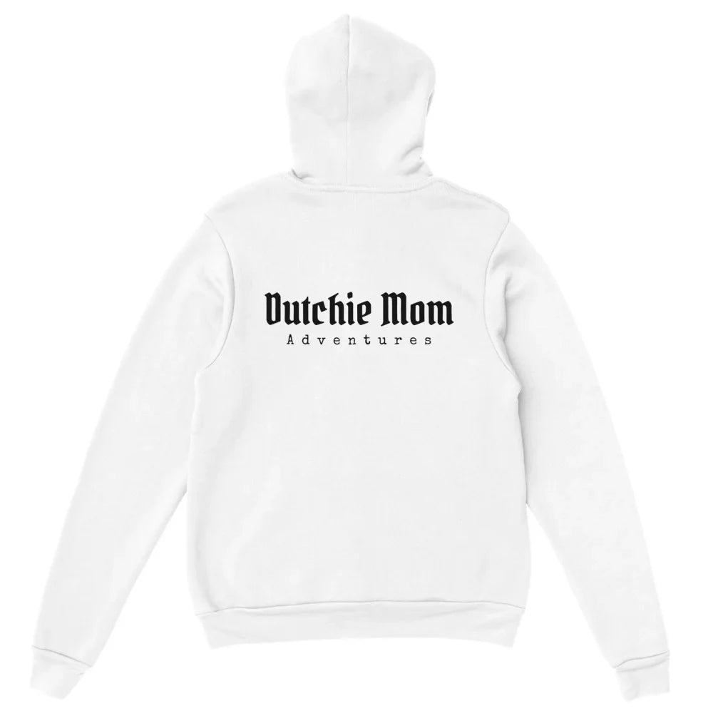 Sweat à capuche blanc avec texte ’Dutchie Mom’ imprimé dans le dos.