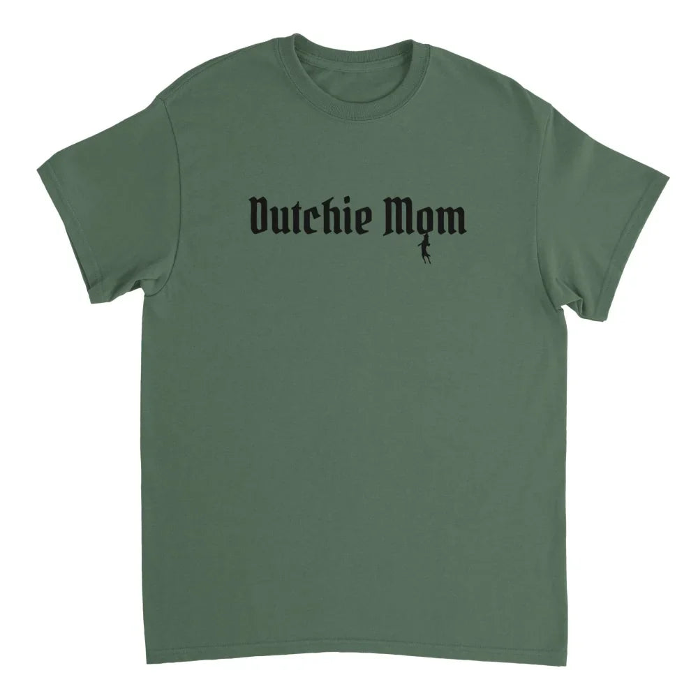 T-shirt vert avec ’Dutchie Mom’ imprimé en noir sur le devant.