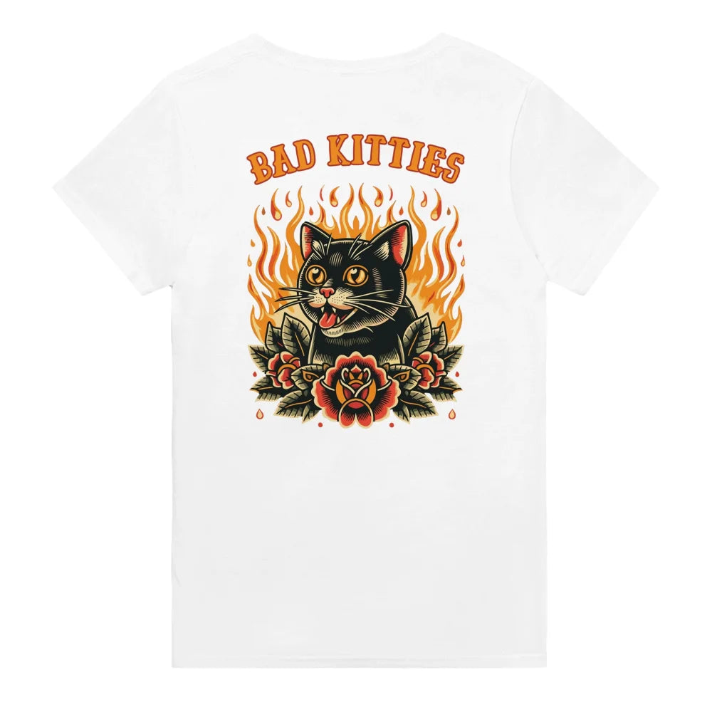 T-shirt blanc représentant un chat noir entouré de flammes et de roses avec le texte ’BAD KITTIES’ au-dessus.