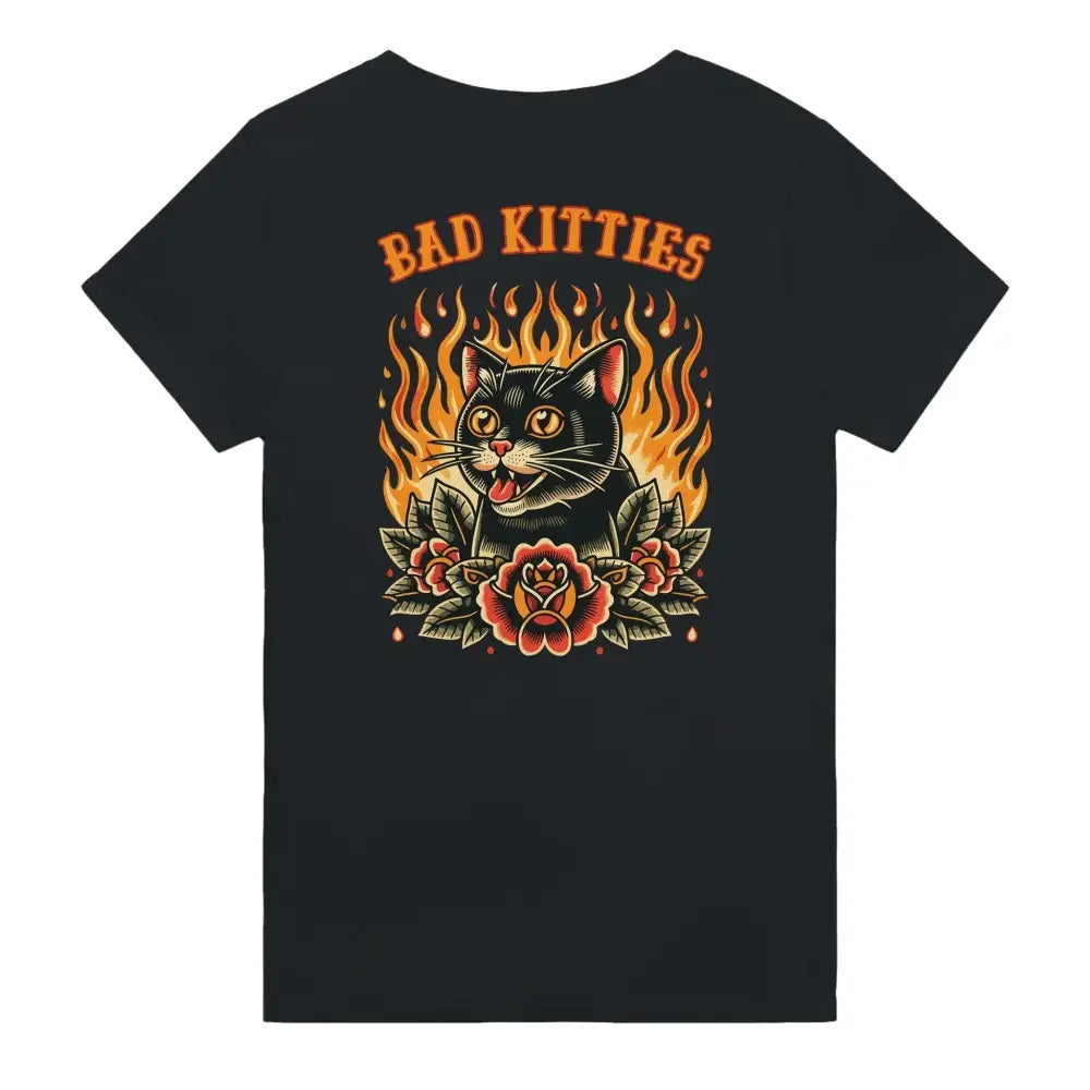 T-shirt noir avec un graphisme coloré ’Bad Kitties’ représentant un chat entouré de flammes et de roses.