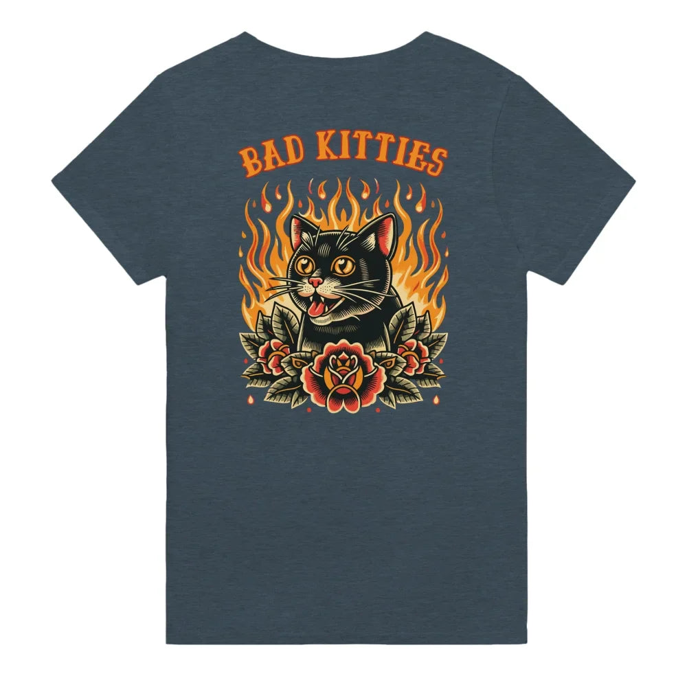 T-shirt gris foncé avec un graphisme coloré ’Bad Kitties’ représentant un chat féroce entouré de flammes et de roses.