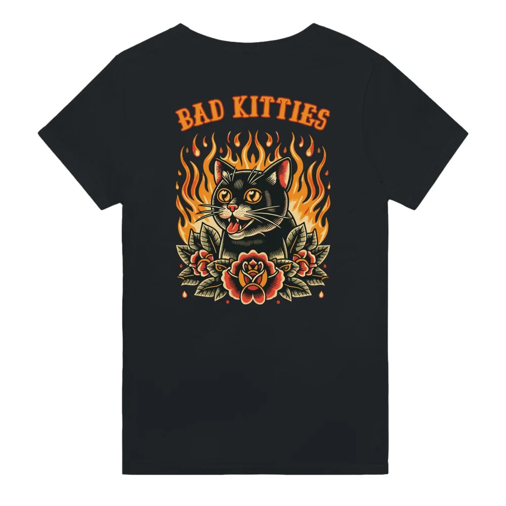 T-shirt noir avec un graphisme coloré ’Bad Kitties’ représentant un chat entouré de flammes et de roses.