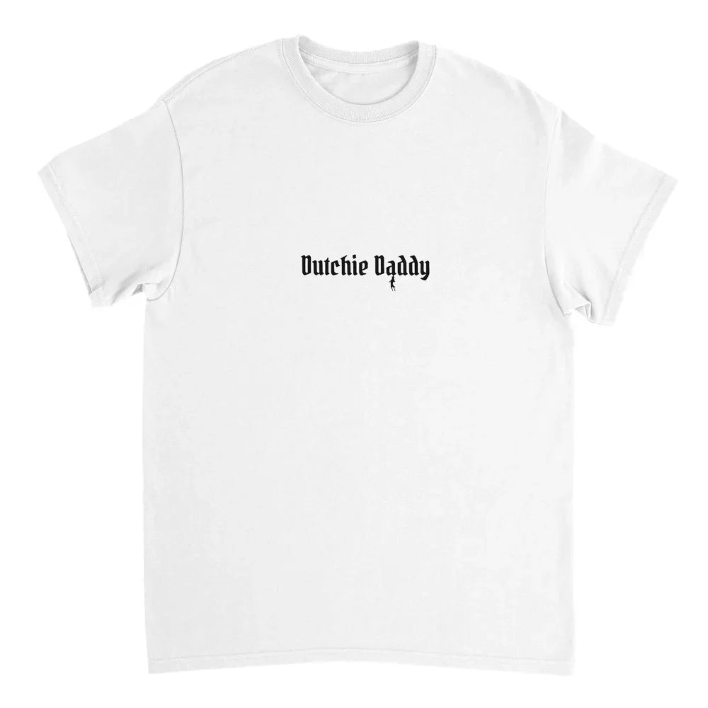 T-shirt blanc avec texte ’Dutchie Daddy’ imprimé en noir sur la poitrine.