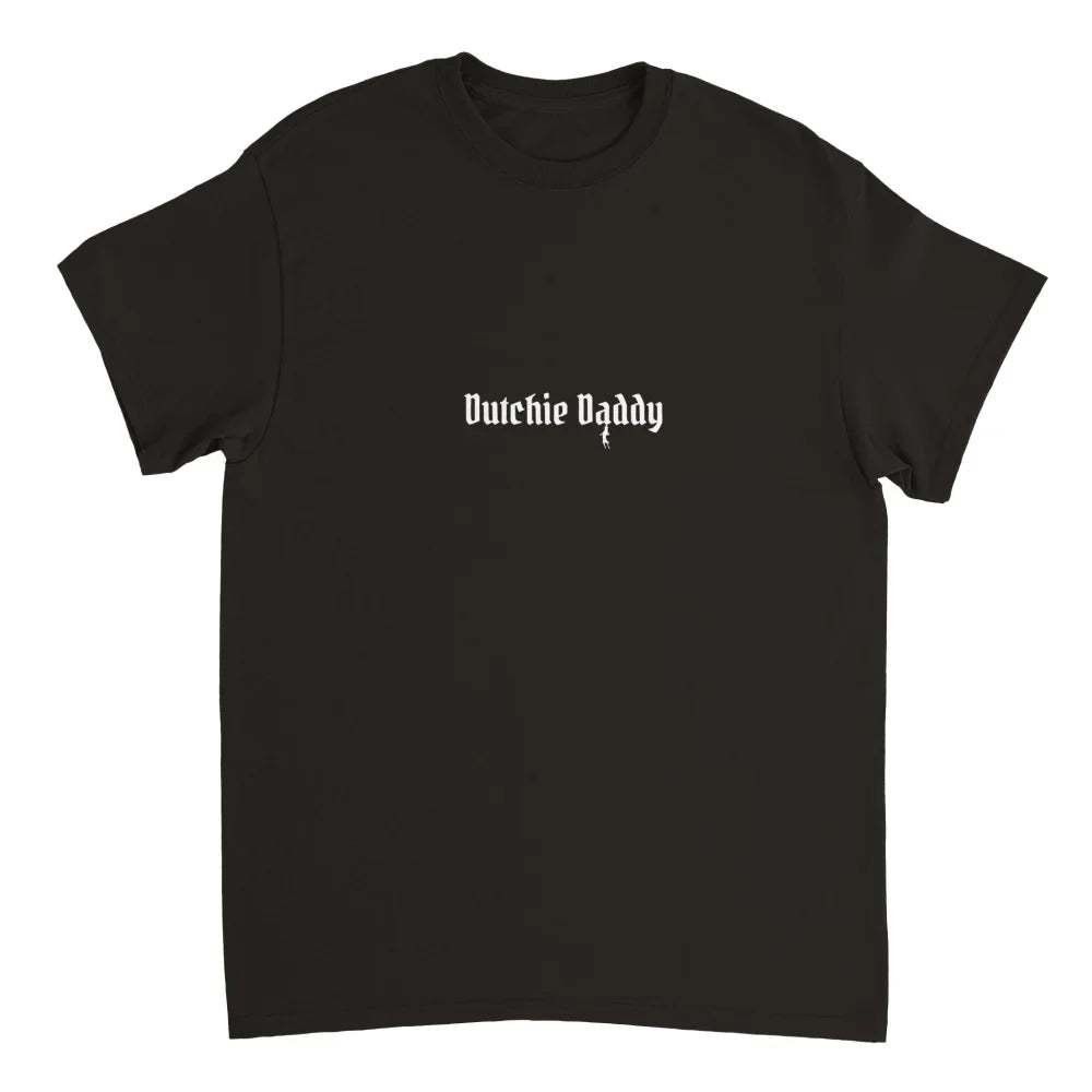 T-shirt noir avec texte ’Dutchie Daddy’ imprimé sur le devant.