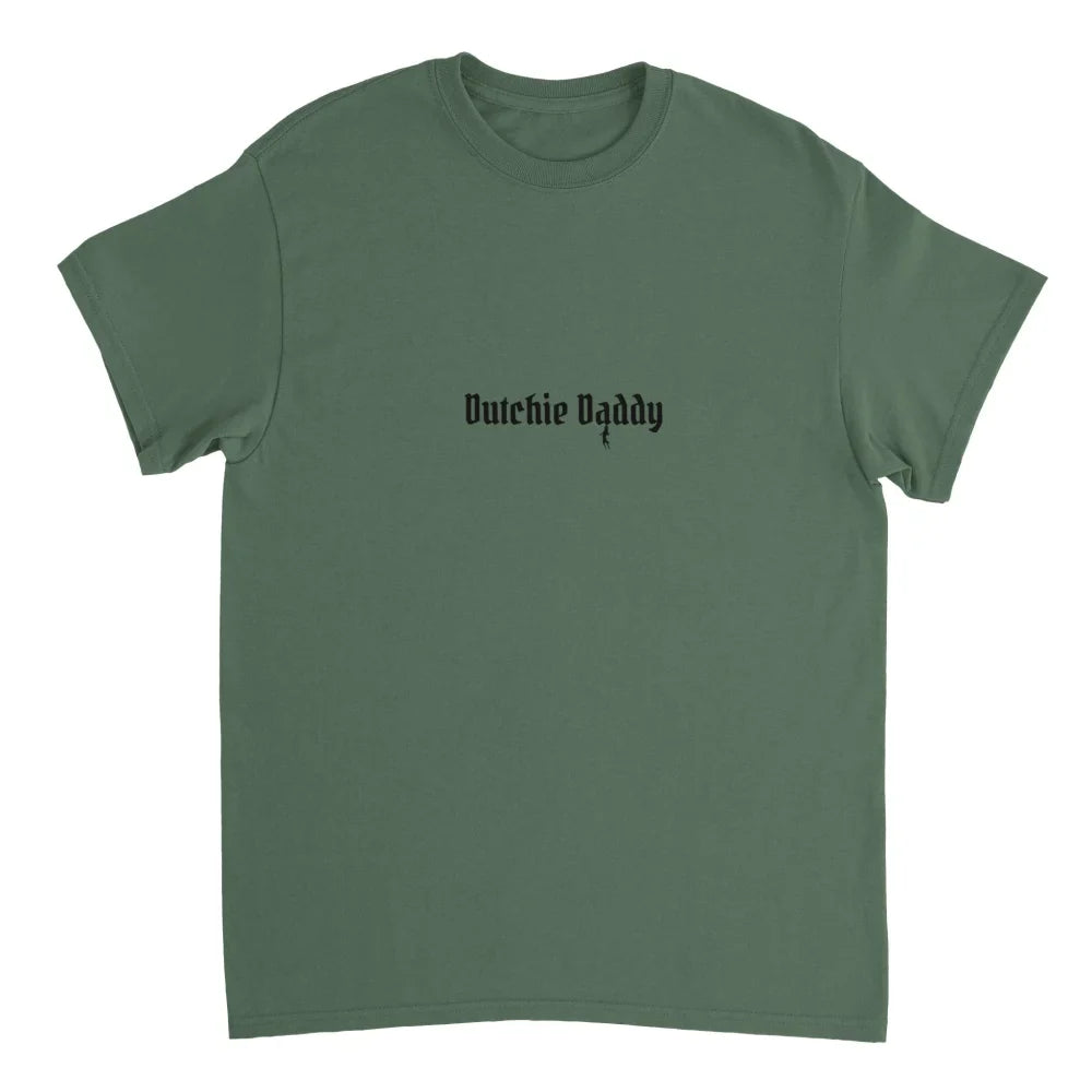 T-shirt vert avec texte ’Dutchie Daddy’ imprimé sur le devant.