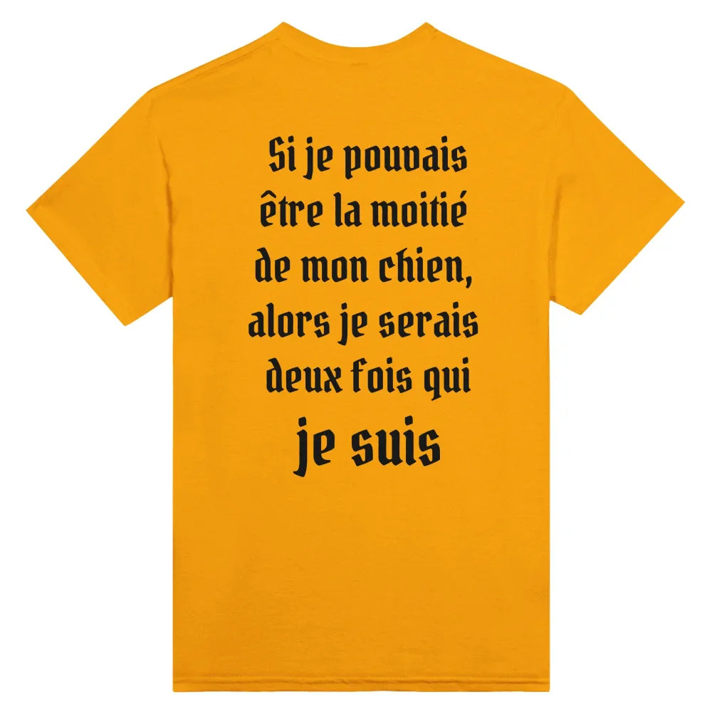 T-shirt jaune avec texte français imprimé en noir.