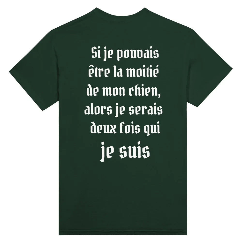 T-shirt vert avec texte français blanc imprimé au dos.