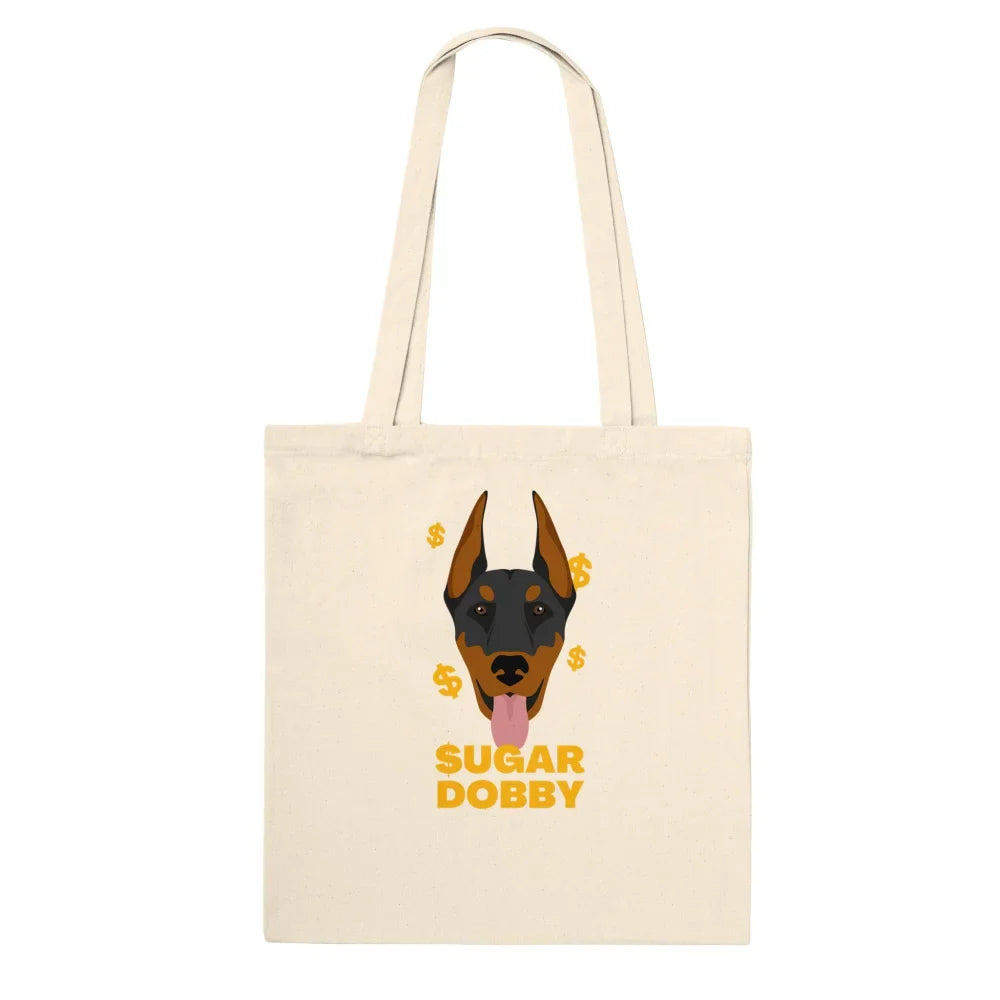 Sac fourre-tout en toile avec un chien Doberman en dessin animé et le texte ’SUGAR DOBBY’.