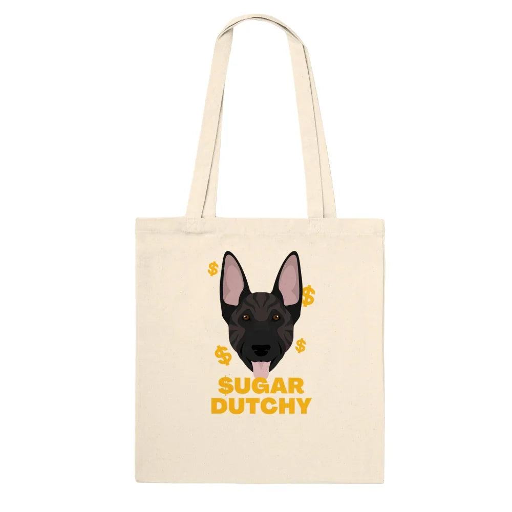 Sac fourre-tout en toile arborant une tête de chien de dessin animé et le texte ’SUGAR DUTCHY’ en jaune.