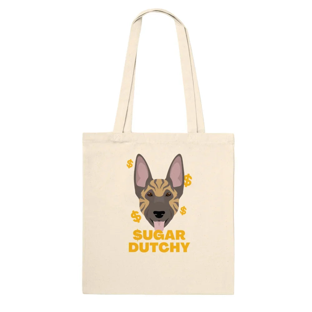 Sac fourre-tout en toile arborant une tête de chien de dessin animé et le texte ’SUGAR DUTCHY’.